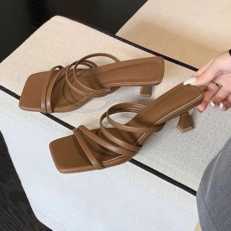 Fashion versatile one-word strap sandals medium heel French women's shoes thin heel square head cool slippers women's new summer 2025