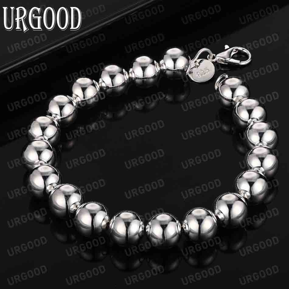 925 Sterling Silver 10mm Round Bead Chain Bracelet Fashion Wedding Jewelry