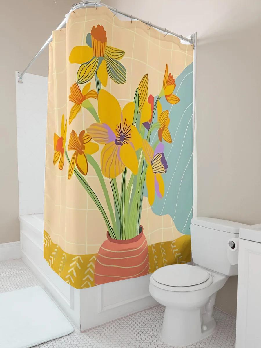 

Elegant Floral Shower Curtain For Your Home - Vibrant Yellow And Orange Flowers In A Ceramic Vase - Perfect For Bathroom Decor W60H190(CM)-1 Pcs