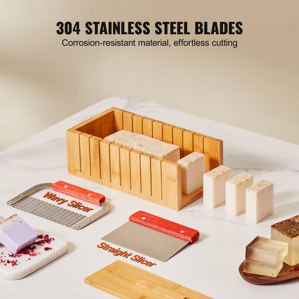 Soap Making Kit, Bamboo Cutting Box and Inner Box with Silicone Mold, Stainless Steel Straight Cutter and Wavy Cutter, 100 Bags and 105 Stickers, Soap