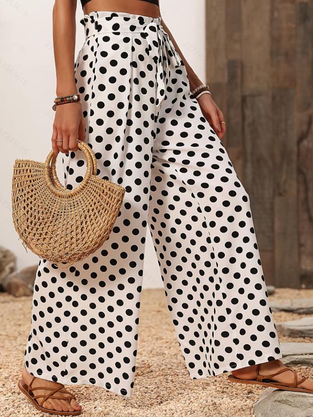 European Women s High-Waisted Polka Dot Wide Leg Pants - New Style 2026 XL кремовый/белый