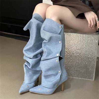Winter Design Denim Pleated Button Strap Women Knee High Boots Sexy Pointed Toe Thin Heels Stripper Female Shoes