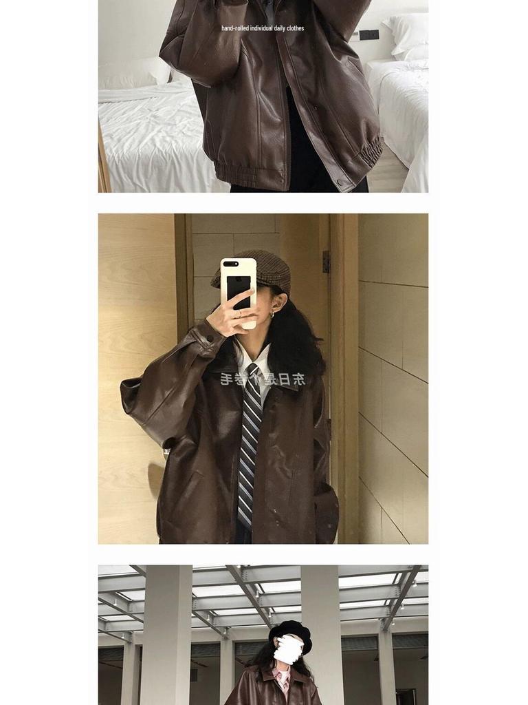 Women's Retro Brown & Black Leather Motorcycle Jacket - Spring/Autumn Loose Outerwear