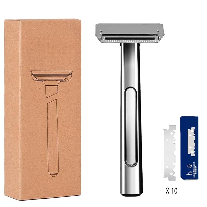 Сменный лезвиевой двойной бритвенный станок Цельнометаллический Экологичный бритвенный станок для женщин и мужчин с 10 лезвиями из нержавеющей стали с одним лезвием