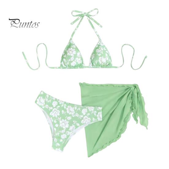 Floral Three-piece Bikini 3Pcs/Set Swimsuit Set Halter Chest Pads No Underwire Bra Swimming Briefs Personalized Print Sheer Trim Cover Up Skirt Split