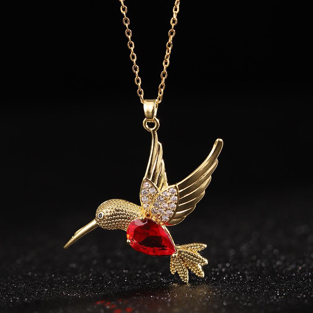 Colorful Zircon Pearl Hummingbird Flying Pendant Necklace Titanium Steel Collarbone Chain Women's Unique Design