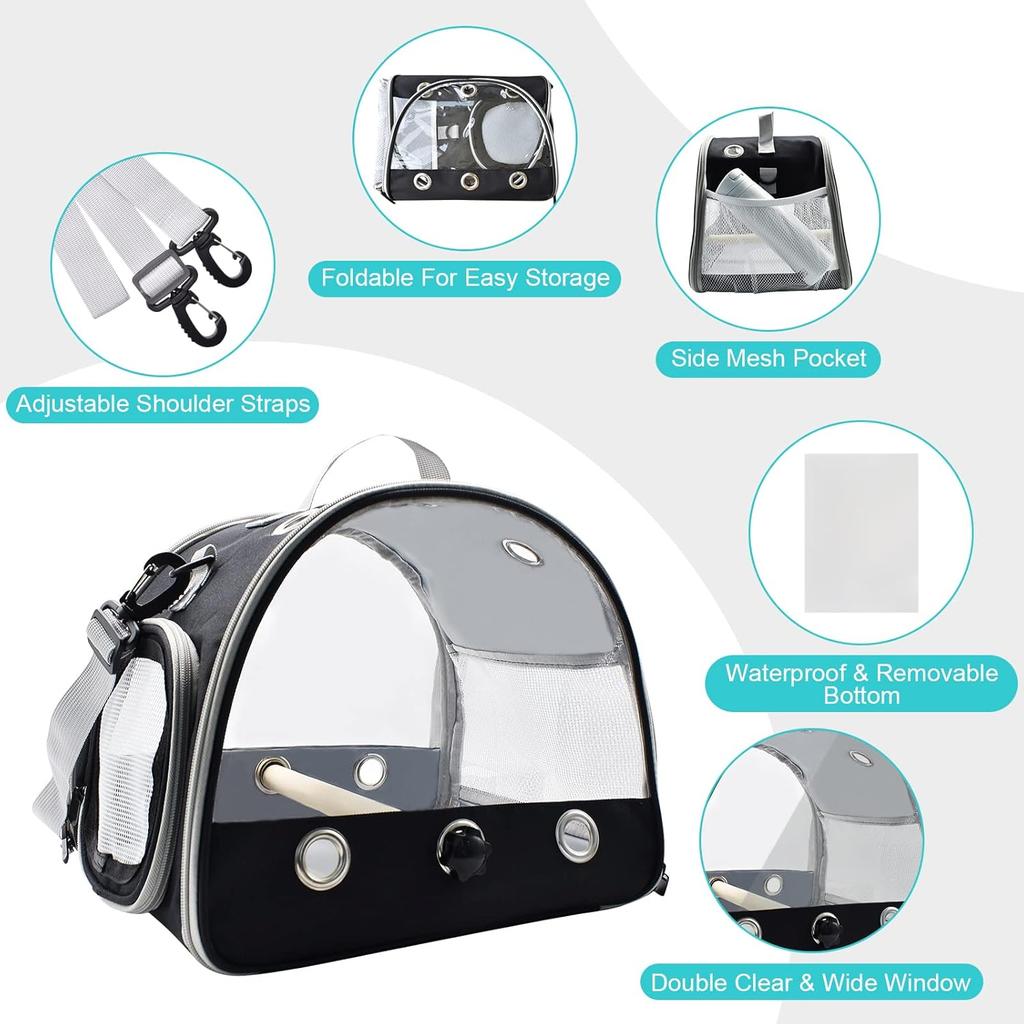 Bird Travel Carrier with Standing Perch,Lightweight Breathable Parrot Cage, Small Pet Carrier Bag with Shoulder Strap,Bird Rat Guinea Pig Squirrel