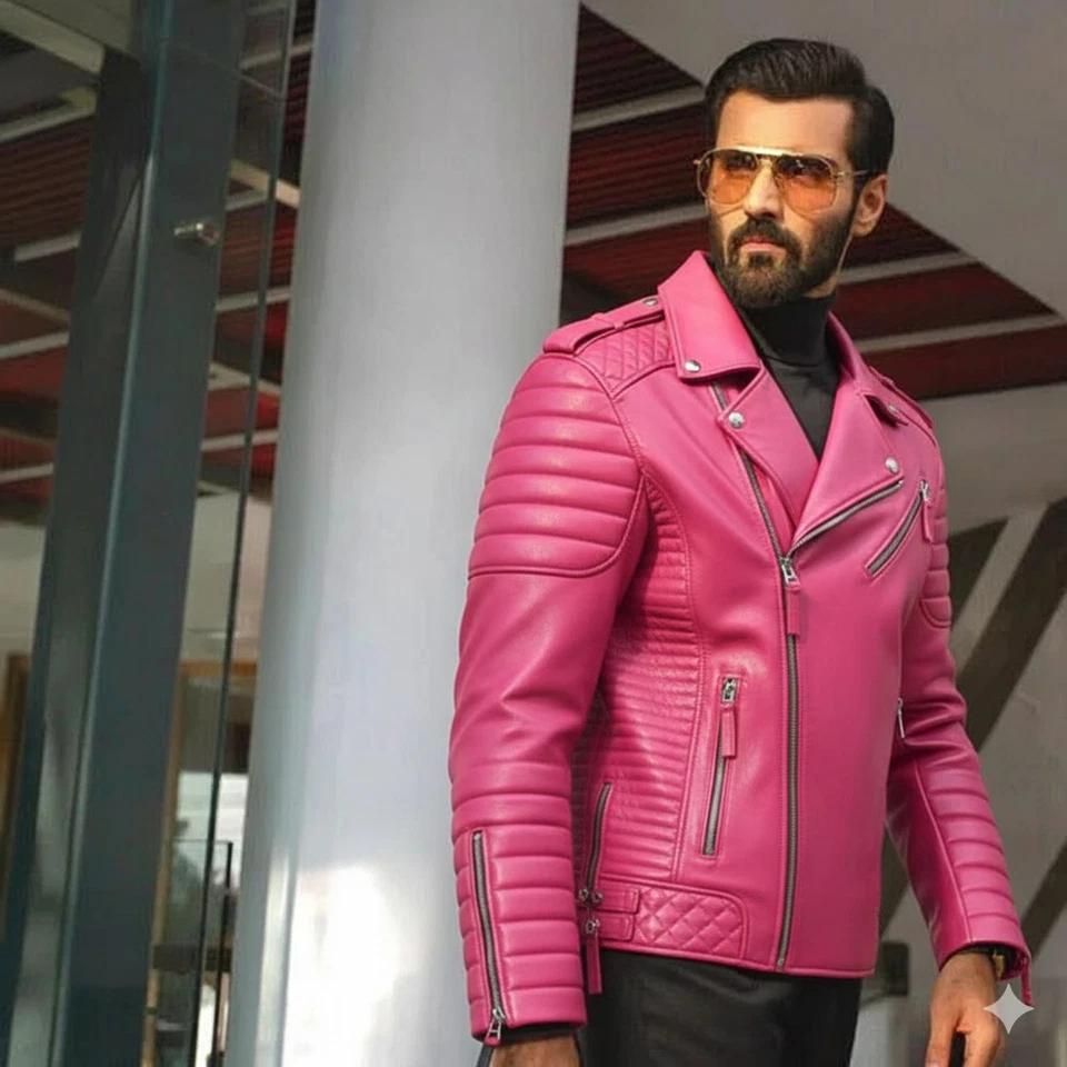 

Мотоциклетная Байкерская Стильная Розовая Мужская Ручной Работы Новая Куртка Натуральная Кожа Ягненка Повседневная S розовый