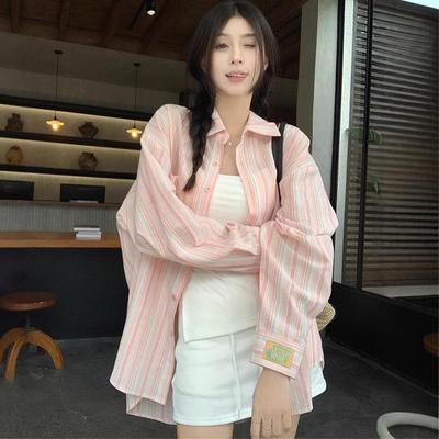 Maglia a maniche lunghe a righe con colletto polo da donna, protezione solare, leggera e ampia per l'estate