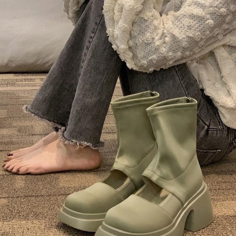 Celebrytka internetowa cienkie elastyczne skórzane cienkie krótkie botki okrągły nosek wodoodporne wiosna i lato nowe ażurowe gruba podeszwa