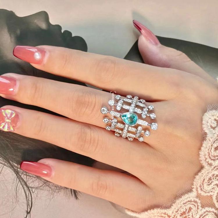 Bright Retro Light Luxury Zircon Green Zirconium Ring Female Tide Niche Design High-End Index Finger