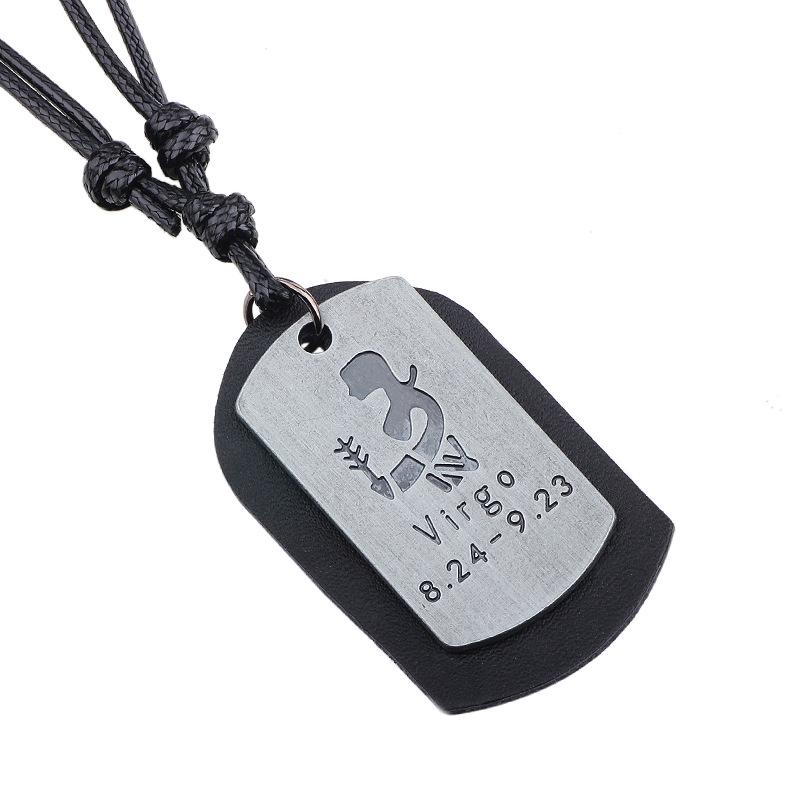 JMXD-European and American Twelve Constellation Necklace Retro Brushed Metal Pendant Genuine Leather Wax Rope Woven Constellation Series Necklace