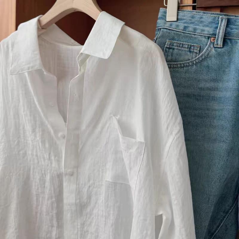 Camicia da Sole a Maniche Lunghe Bianca Traspirante in Cotone e Lino Casual e Versatile per Donna Estate Sottile Stile Pigro Top Largo