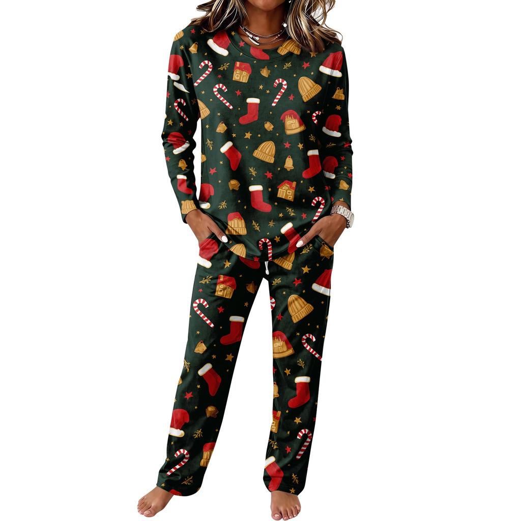 Round Neck Long Sleeve Wide Leg Pants Set, Casual Home Pajama Sleepwear