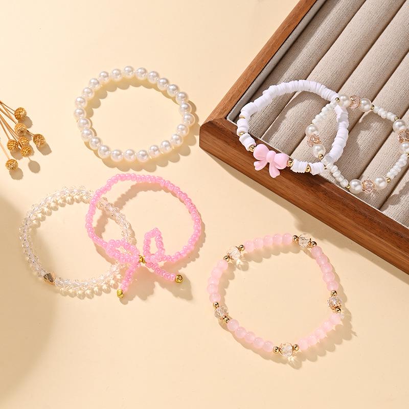 Süßes Rosa Herz Schleife Perlen Armband Set für Damen