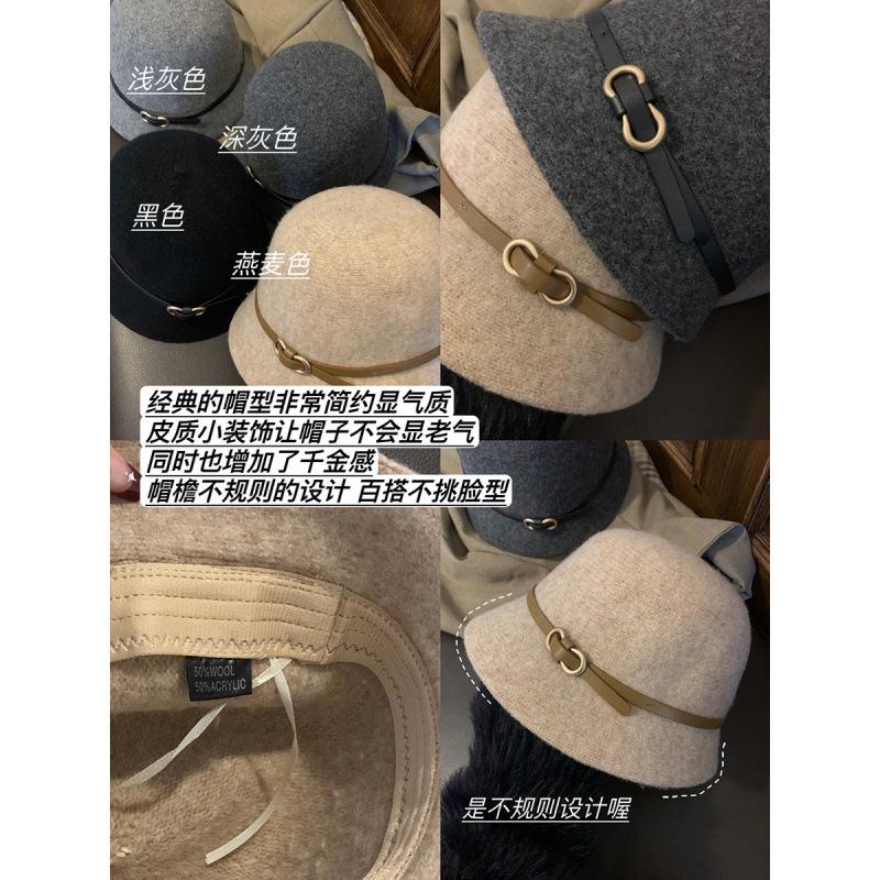 Belt buckle wool foreign daughter hat French top hat women's autumn and winter bucket hat Hepburn rich daughter hat
