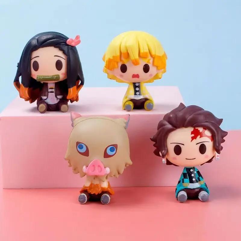 4Pcs/Set Q Version Demon Slayer Sitting Ghost Doll 4cm Tanjiro Nidouzi Inosuke Zenizu Figure Action Figure Movie Model Toys