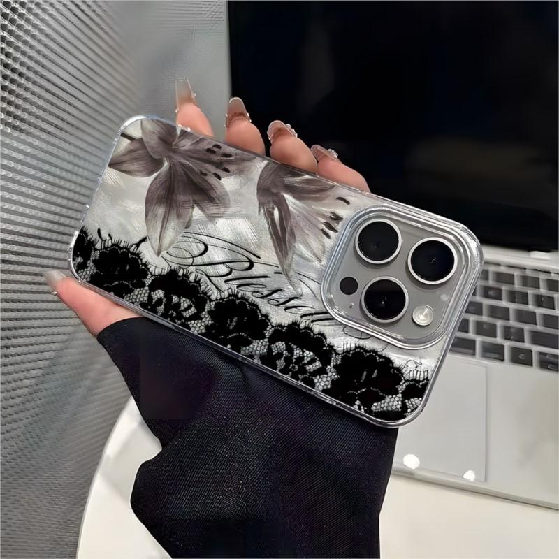 Black Lace And Floral Pattern Phone Case for iPhone 16 17 15 14 13 17 Pro Max 12 11 For iPhone Air TPU Silicone Bumper Cover