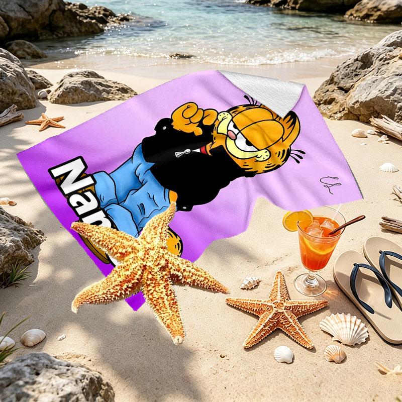Custom Name Personalized Garfield Print Beach Towel, for Trip Camping Beach Party Home Decor, Birthday Gift for Family & Friends