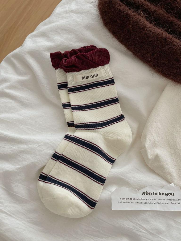Big Bubble Mouth College Style Cloth Label Striped Pile Socks Korean Mid-Tube Versatile Boneless Socks Are Contrasting Socks