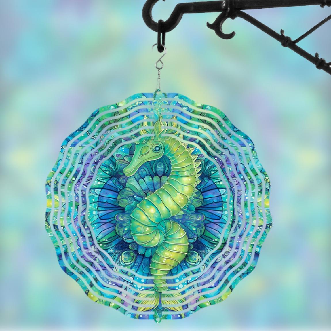 

Hanging Seahorse Wind Chime 10 Inches Rotating Metal Art Decor with Iridescent Design for Garden Balcony Outdoor Home Gift 01A