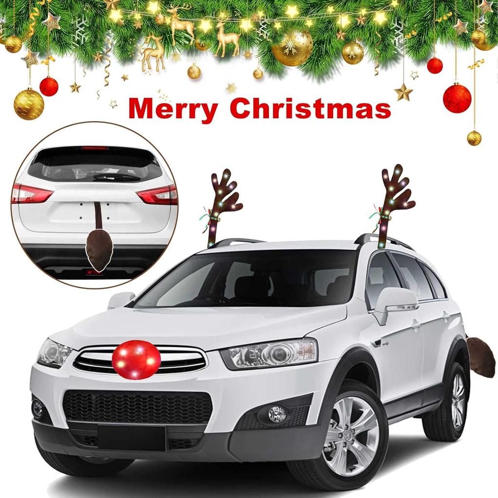 Reindeer Antlers For Cars – LED 2025 Christmas Car Decorations Kit With Jingle Bells, Nose, Tail, Multicolor Light-Up Rudolph Xmas Decor For SUV,