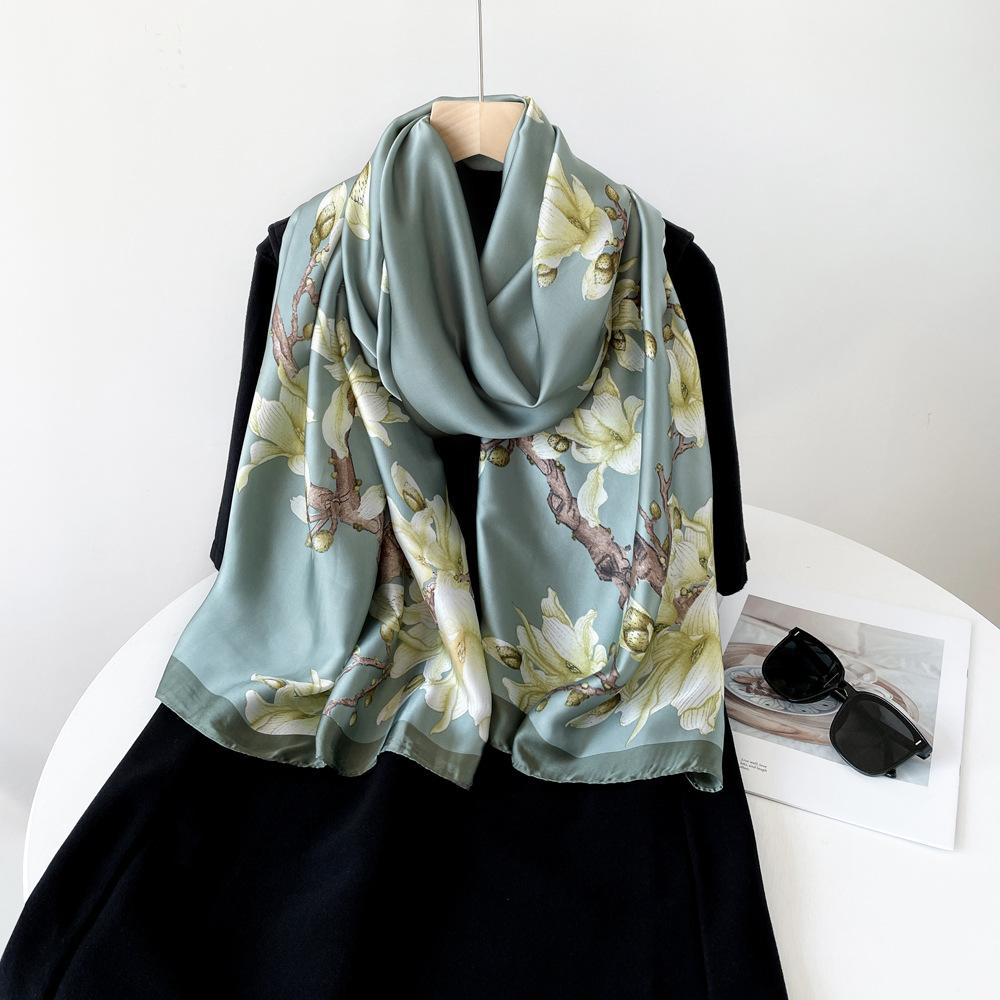 Spring and Summer Satin Long Scarf for Women Sunscreen Shawl Fashionable Beauty Scene Satin Long Scarf Versatile Travel Scarf