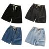 Pantaloni Scurți Denim Bărbați Talie Elastică Șnur Picior Drept Larg Pantaloni Scurți de Vară Culoare Solidă