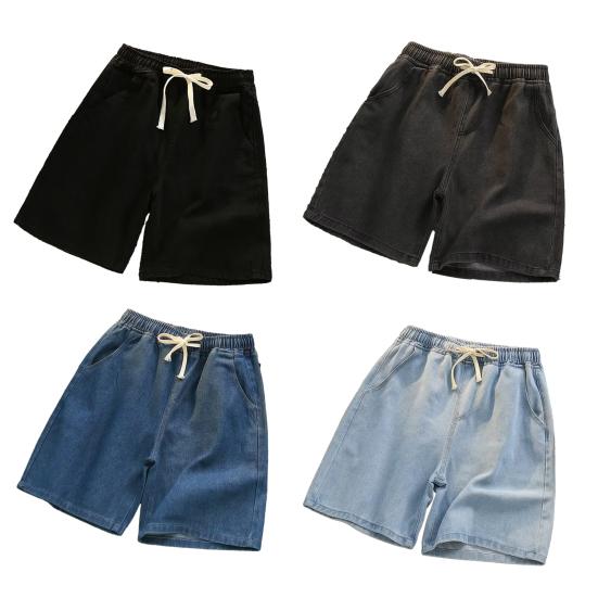 Pantaloni Scurți Denim Bărbați Talie Elastică Șnur Picior Drept Larg Pantaloni Scurți de Vară Culoare Solidă