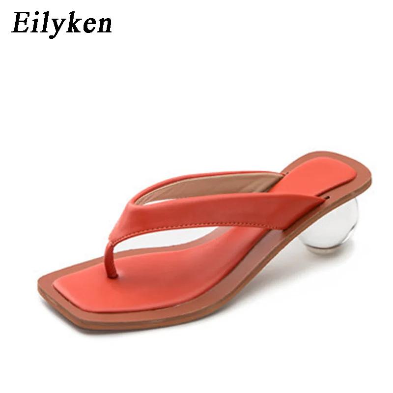 Fashion Eilyken Square Head Pinch Slippers Crystal Transparent Ball Low Heel Clear Women Flip Flops Slides Fashion Design Green Size 43