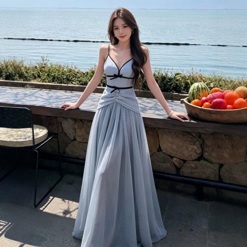 French blue v-neck mesh suspender dress women's summer seaside vacation temperament waist halter long skirt