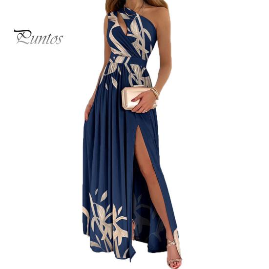 

Длинное платье с принтом, женское платье трапециевидной формы с высокой талией и наклонным вырезом, элегантное струящееся плиссированное платье с разрезом для офисных вечеринок, пляжная одежда M синий
