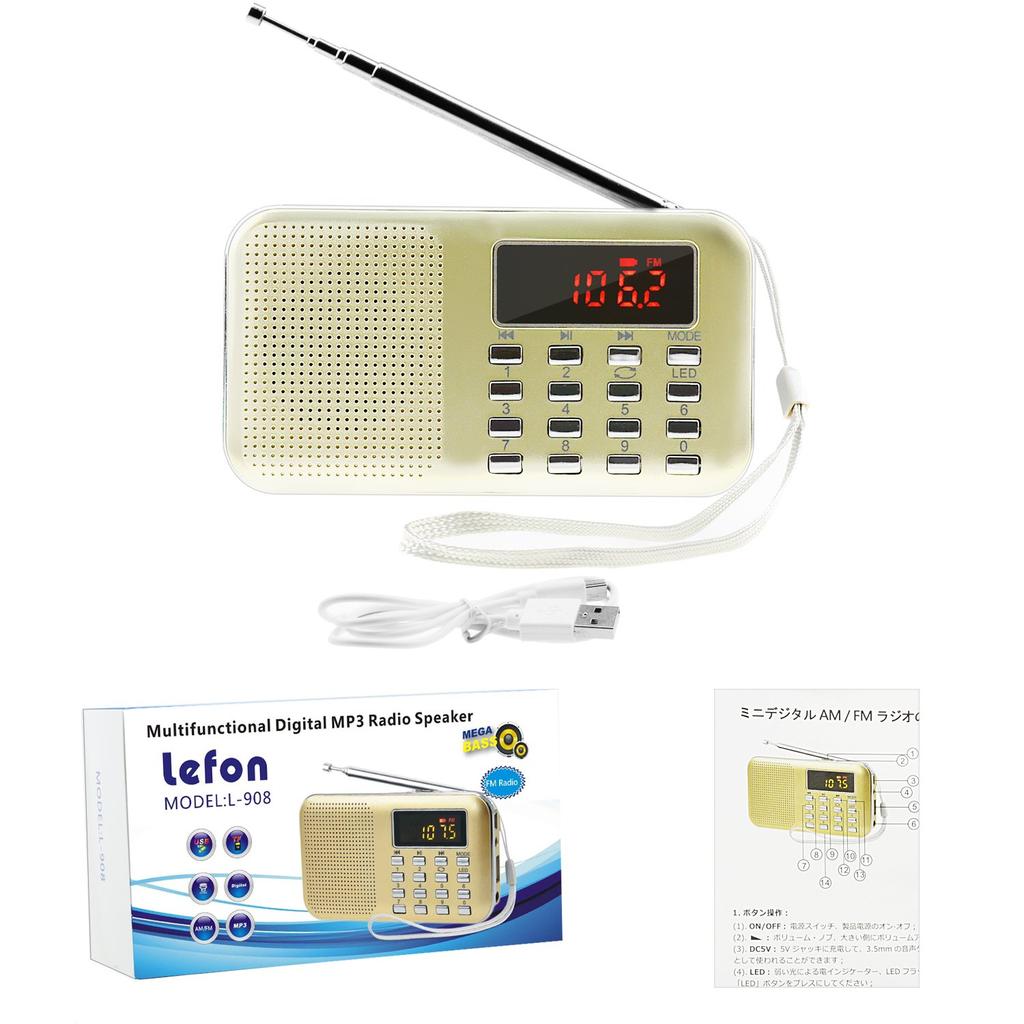 LEFON dobíjecí multifunkční AM FM kapesní rádiová karta kompatibilní s MP3 přehrávačem LED světlo přenosné rádio USB.microSD (Zlato)