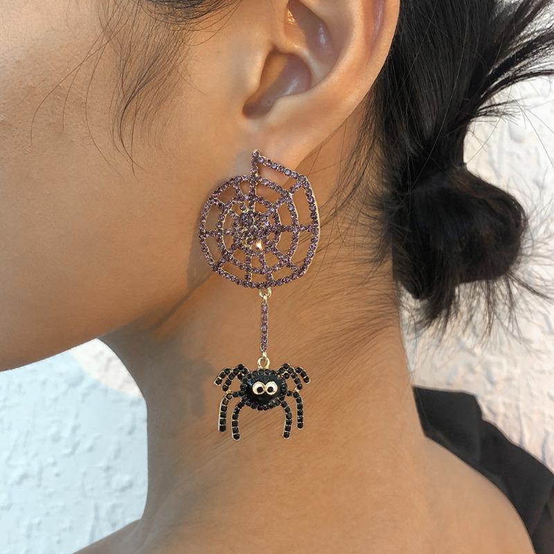 Exaggerated Personality Earrings Female, Full of Diamond Spider Web Fun Earrings Halloween Funny Earrings