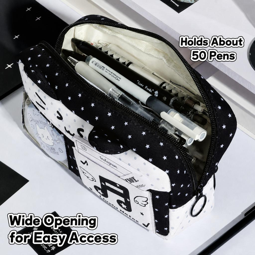 Cute Ear Large Capacity Pencil Case Transparent Window Badge Photocard Storage Bag Multi Compartment Stationery Pouch