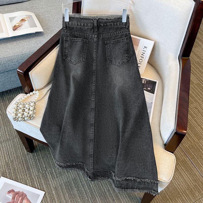 Niche High-Waisted A-Line Midi Denim Skirt - Black/Grey Straight Leg with Raw Edge Design for Women