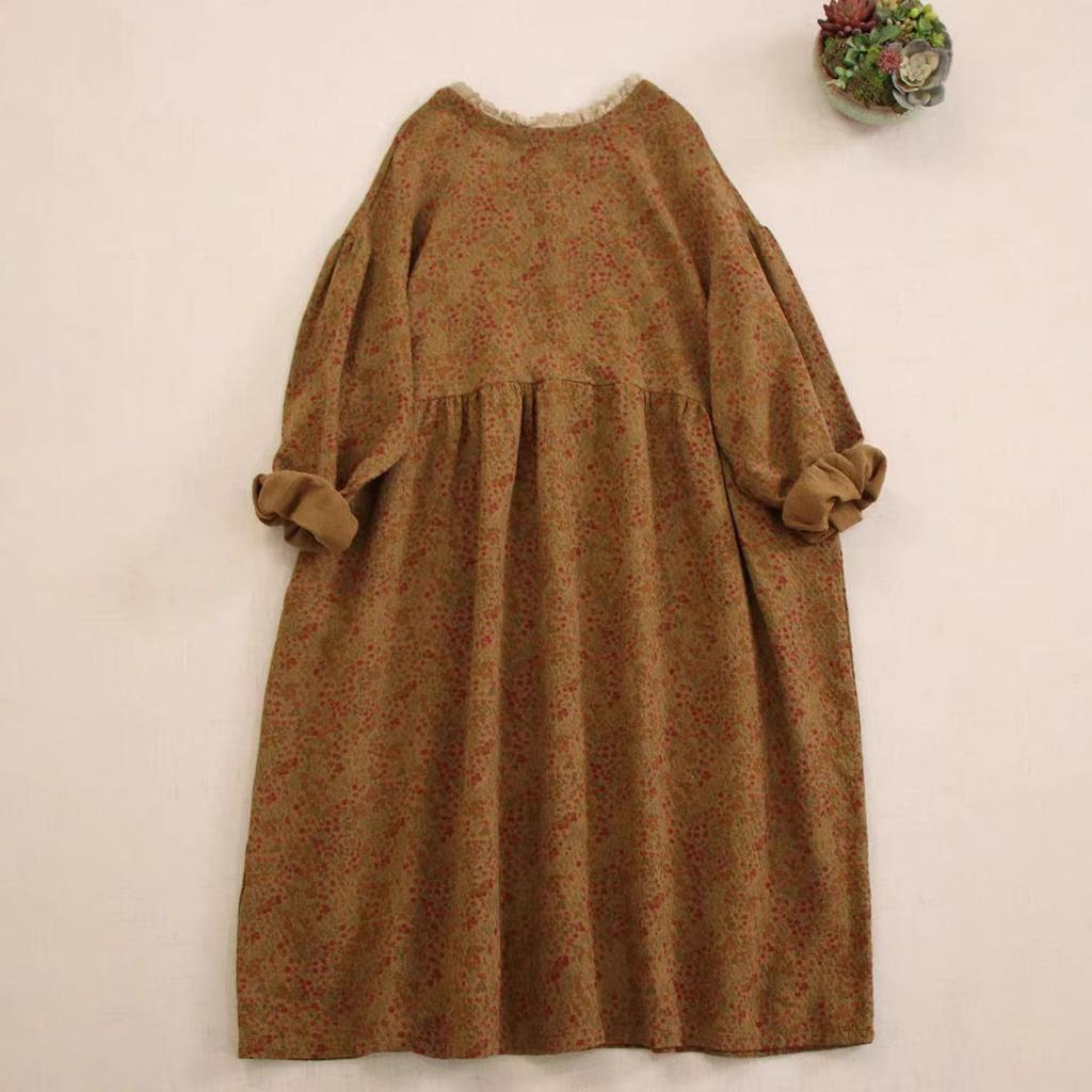 Sweet floral long-sleeved dress women's loose versatile fungus lace collar printed medium and long skirt