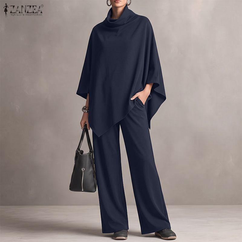 ZANZEA Women 3/4 Sleeve Asymmetrical Blouse And Long Pants Breathable Casual Two Piece Suit Sets