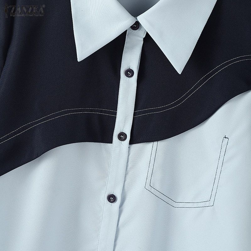 ZANZEA Women Turn Down Collar Casual Short Sleeve Patchwork Blouse