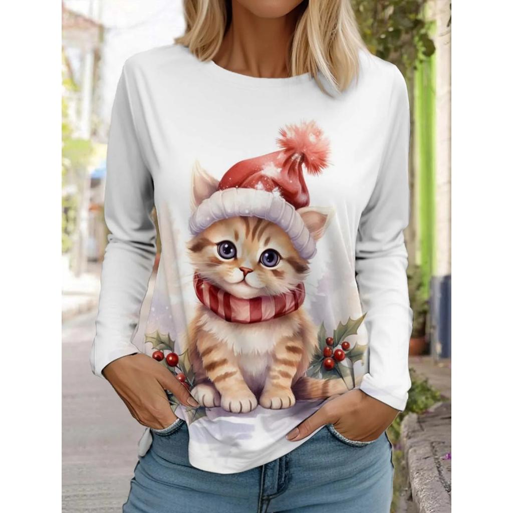 Autumn and Winter Round Neck 3D Christmas Cute Dog Printed Top Fashionable Casual Long Sleeved Women's T-shirts