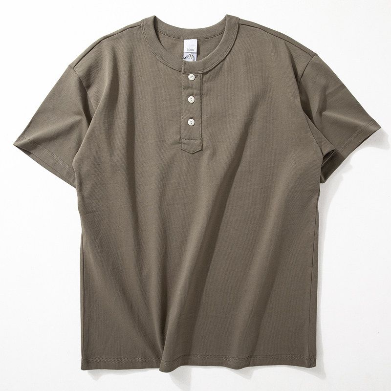 American-Style 300g Heavyweight Short-Sleeve T-Shirt for Men, Summer Casual Solid Color Versatile Top, Stylish Henley Collar Pure Cotton Half-Sleeve