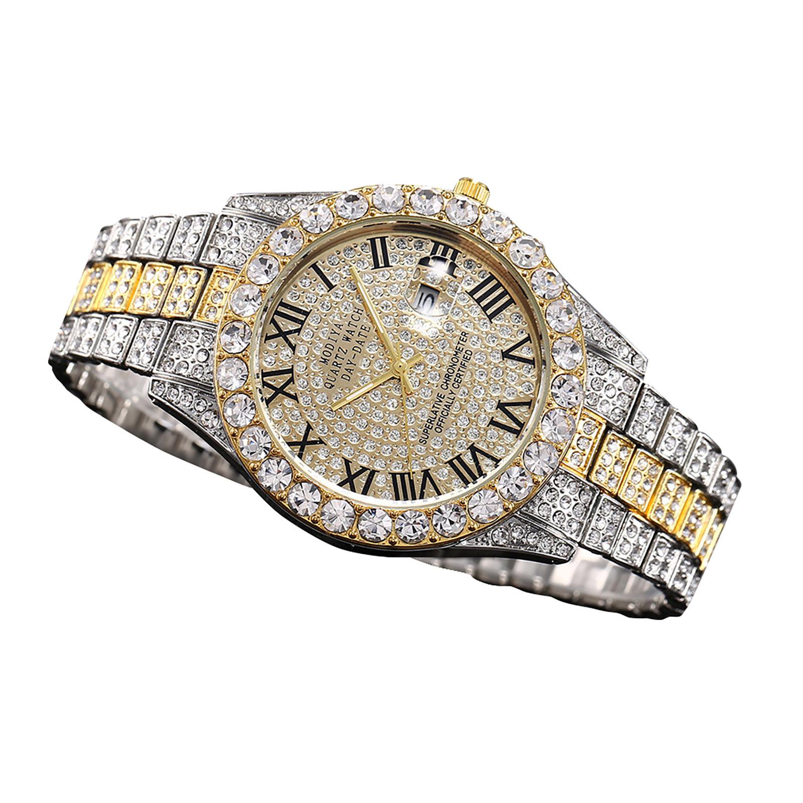 

Часы с календарем из водного бриллианта и бриллиантами, римская шкала, стальной ремешок из сплава, мужские часы One Size