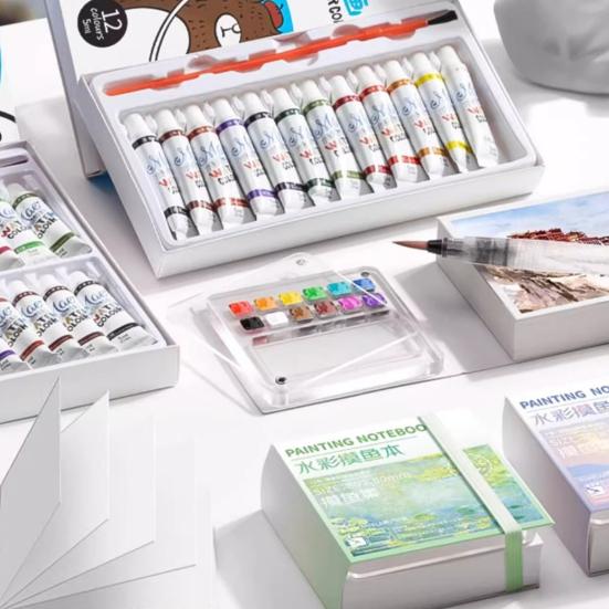 Mini Watercolor Kit Travel Watercolor Paint Set with Sketchbook Binder Clip Pen Portable Watercolor Palette with 12/24 Color Paints