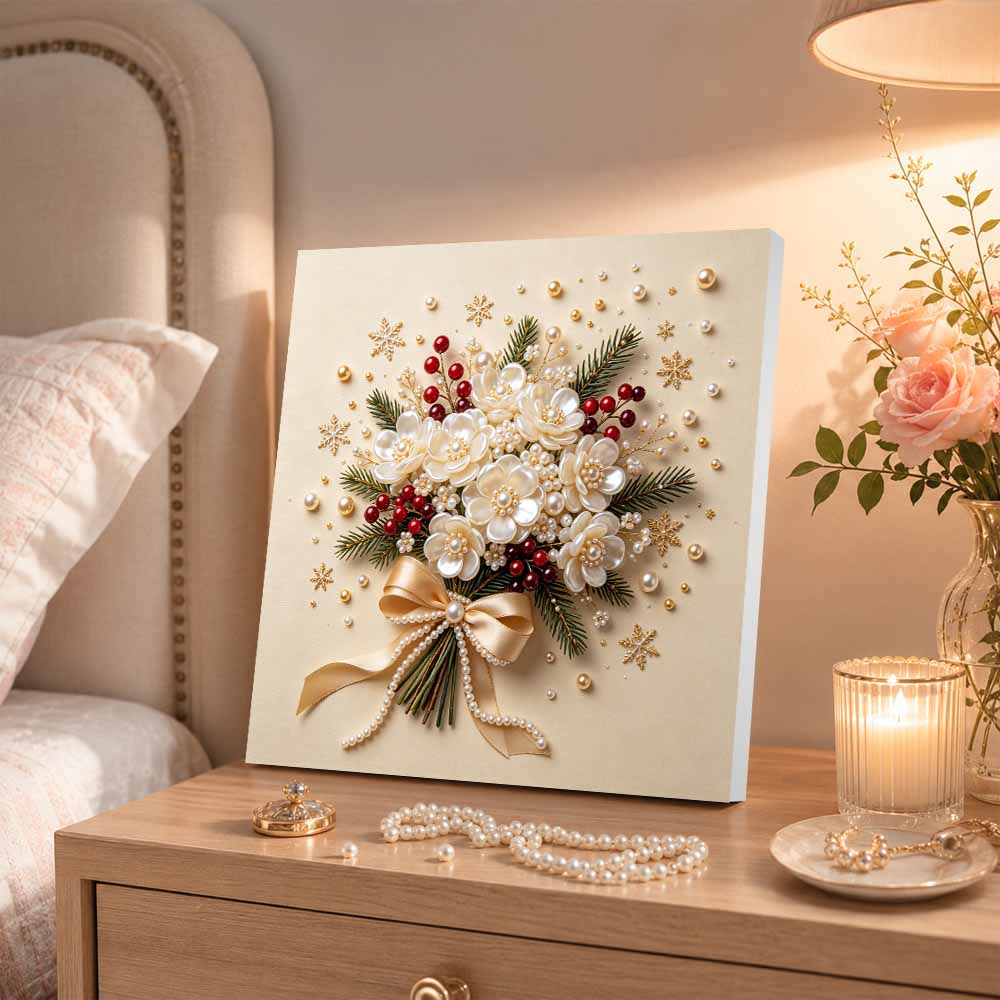 Pearl Flower Bouquet Christmas Art Kit DIY Home Decor Painting. Elegant Pearl Beads. Winter Floral Craft. Festive Holiday Ornament.