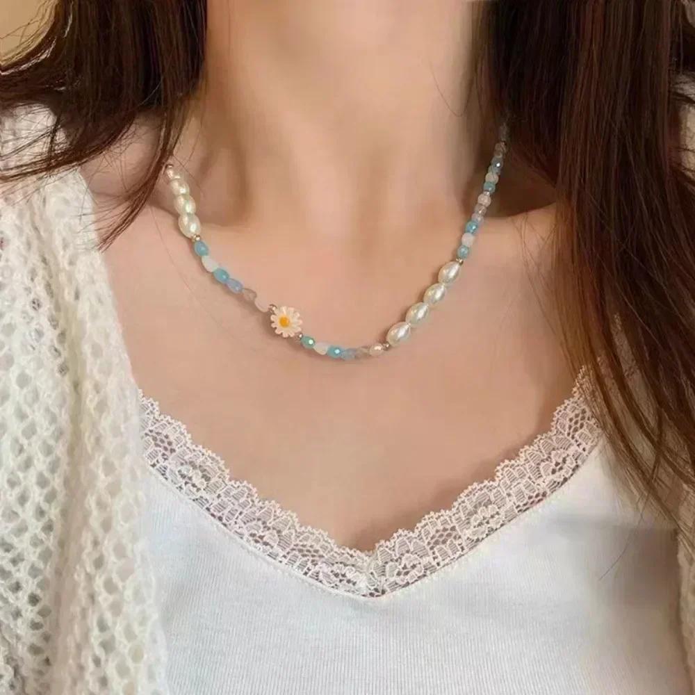 Korean Exquisite Retro Flower Love Heart Beaded Necklace For Women Personality Simple Cool Clavicle Chain Fashion Y2K Jewelry