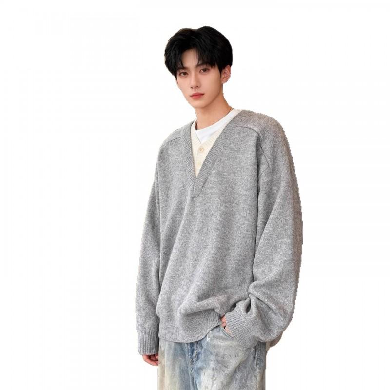 Mens V-Neck Knit Sweater Long Sleeve Loose Fit Casual Winter Pullover