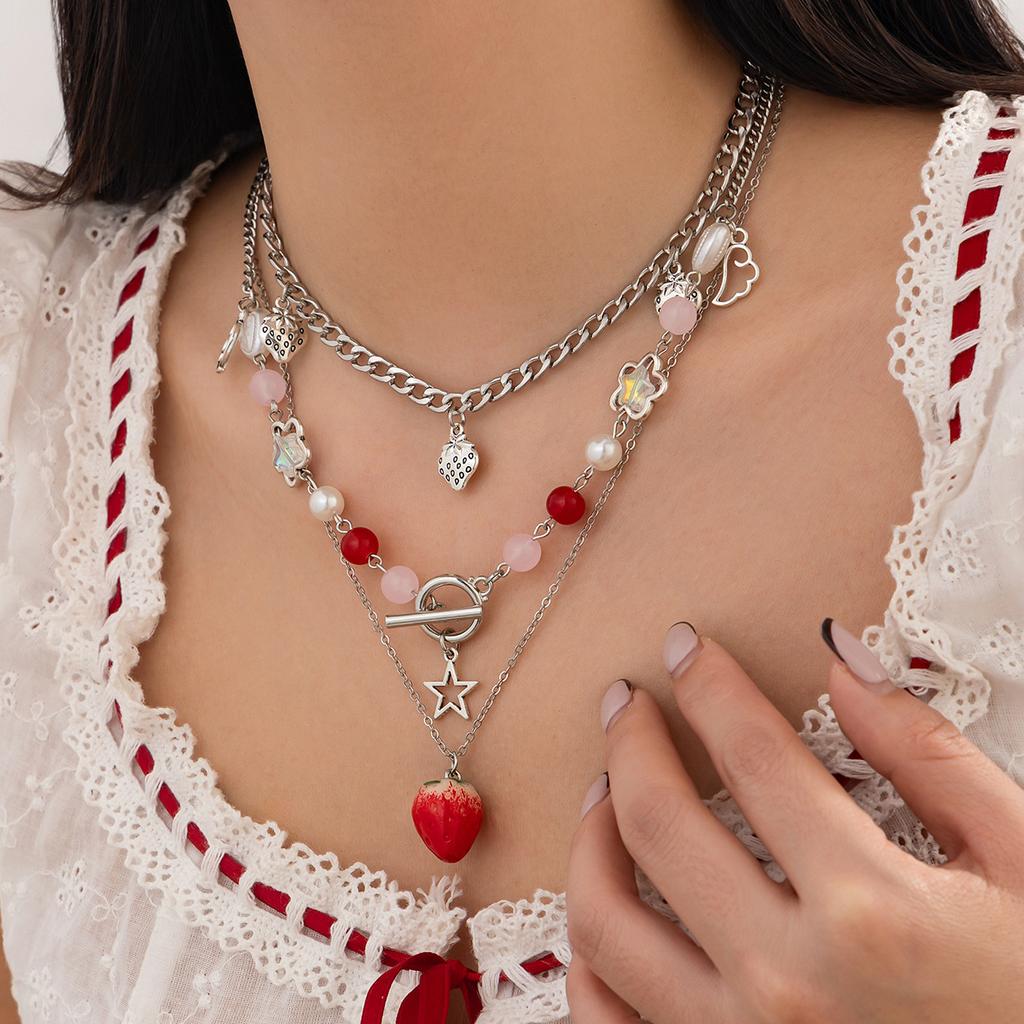 Sweet Wind Strawberry Bow Pendant Necklace Female, Metal Chain Stacked Choker Necklace