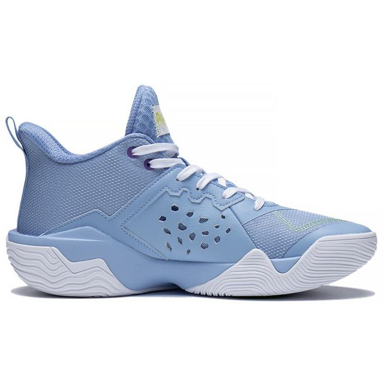 LiNing Dämpfung Rutschfest und Verschleißfest Unterstützung Low-Top Basketballschuhe Blau Weiß Grün ABFS007-5