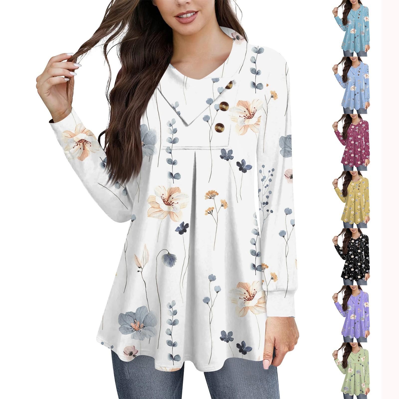 

Women s Casual Loose Floral Print Button Lapel Long Sleeve Pullover Top
