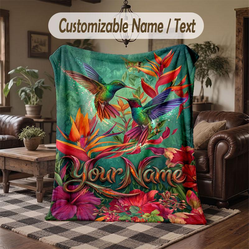 Birds Theme Throw Blanket Custom Name Text Personalized Blanket Soft Cozy Blanket for Home Sofa Bed